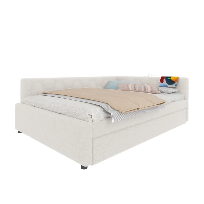 Letto imbottito bianco 140x200 cm con rete a doghe; letto estraibile; USB-C e luce da comodino