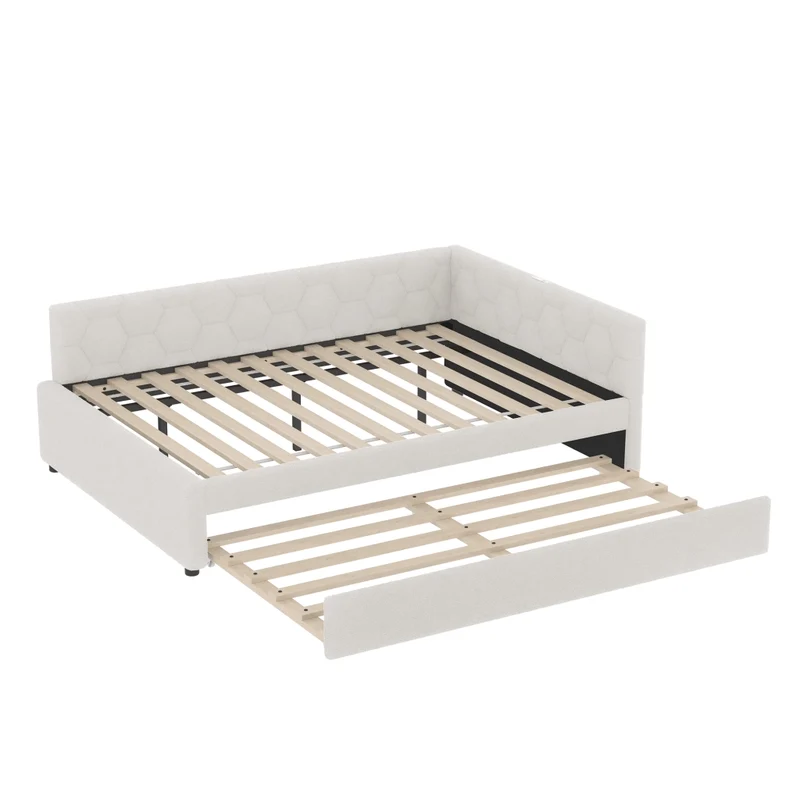 Letto imbottito bianco 140x200 cm con rete a doghe; letto estraibile; USB-C e luce da comodino