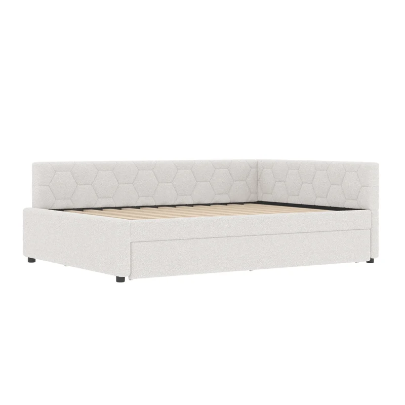 Letto imbottito bianco 140x200 cm con rete a doghe; letto estraibile; USB-C e luce da comodino