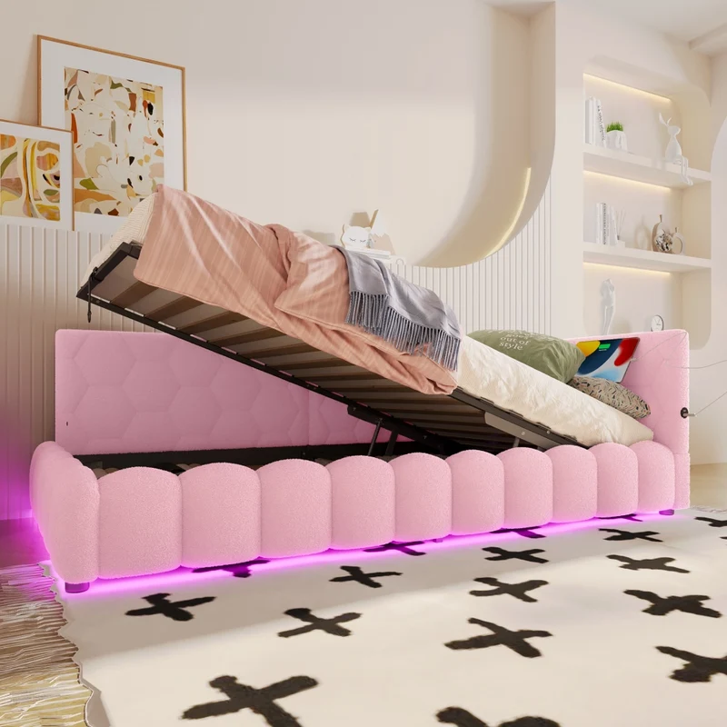 Letto singolo 90x200 cm; divano letto con rete a doghe; contenitore idraulico e luci LED rosa