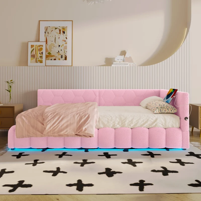 Letto singolo 90x200 cm; divano letto con rete a doghe; contenitore idraulico e luci LED rosa