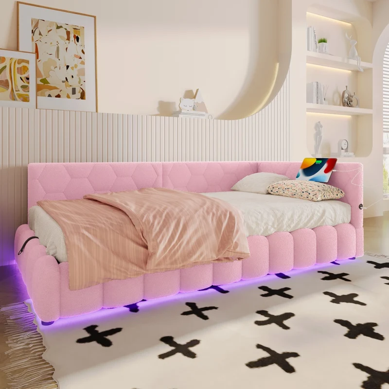Letto singolo 90x200 cm; divano letto con rete a doghe; contenitore idraulico e luci LED rosa