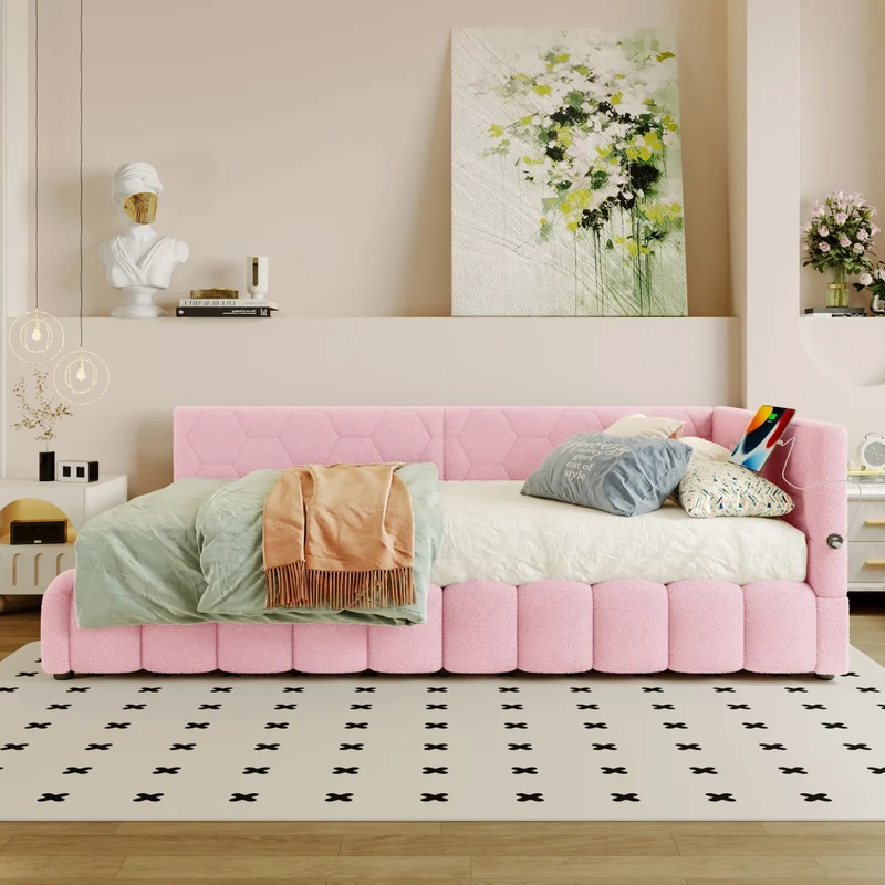 Letto singolo 90x200 cm; divano letto con rete a doghe; contenitore idraulico e luci LED rosa