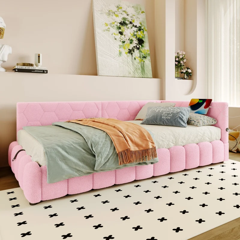 Letto singolo 90x200 cm; divano letto con rete a doghe; contenitore idraulico e luci LED rosa