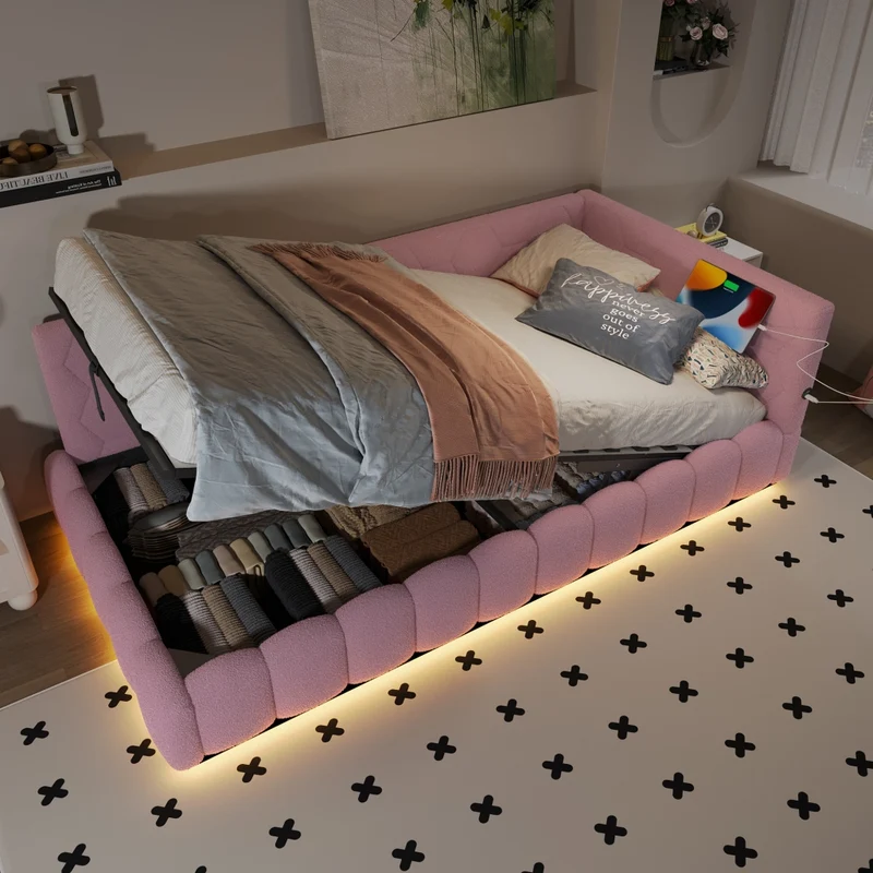 Letto singolo 90x200 cm; divano letto con rete a doghe; contenitore idraulico e luci LED rosa