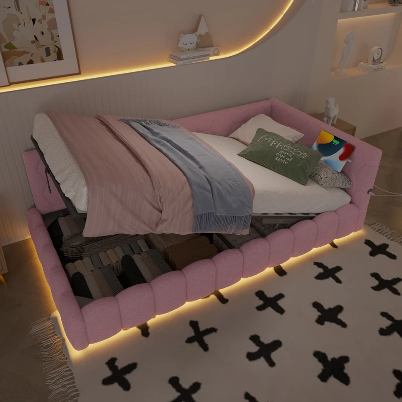 Letto singolo 90x200 cm; divano letto con rete a doghe; contenitore idraulico e luci LED rosa