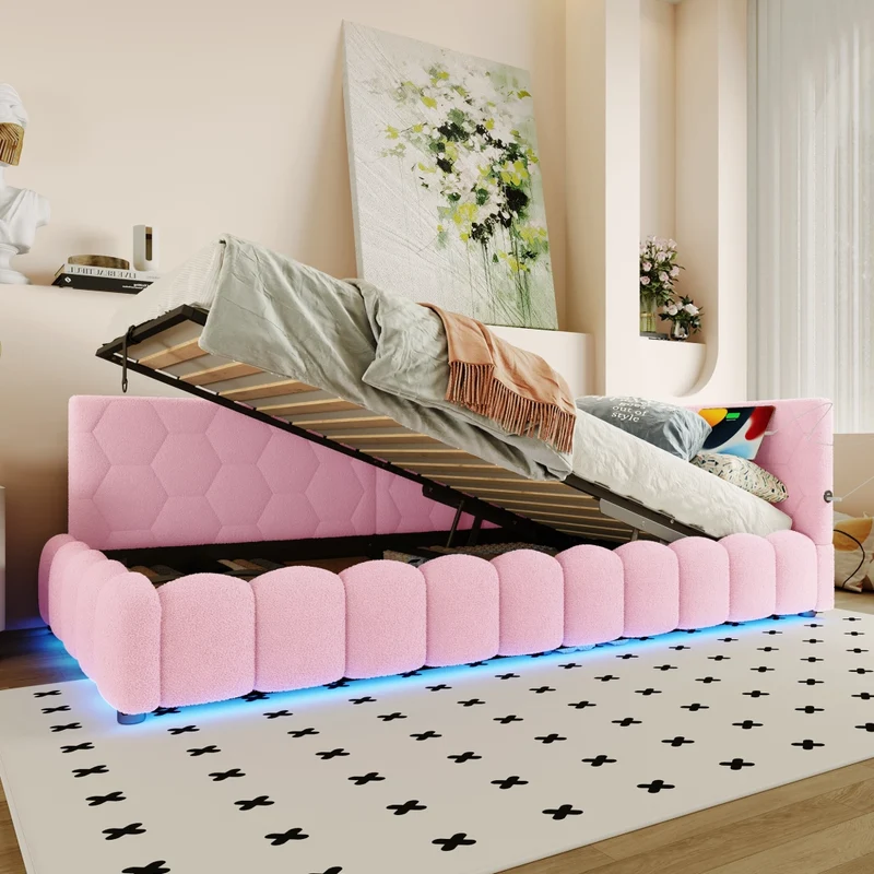 Letto singolo 90x200 cm; divano letto con rete a doghe; contenitore idraulico e luci LED rosa