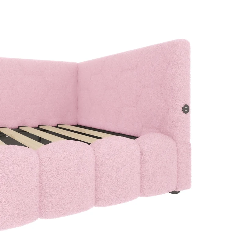 Letto singolo 90x200 cm; divano letto con rete a doghe; contenitore idraulico e luci LED rosa