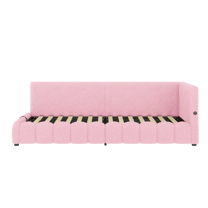 Letto singolo 90x200 cm; divano letto con rete a doghe; contenitore idraulico e luci LED rosa