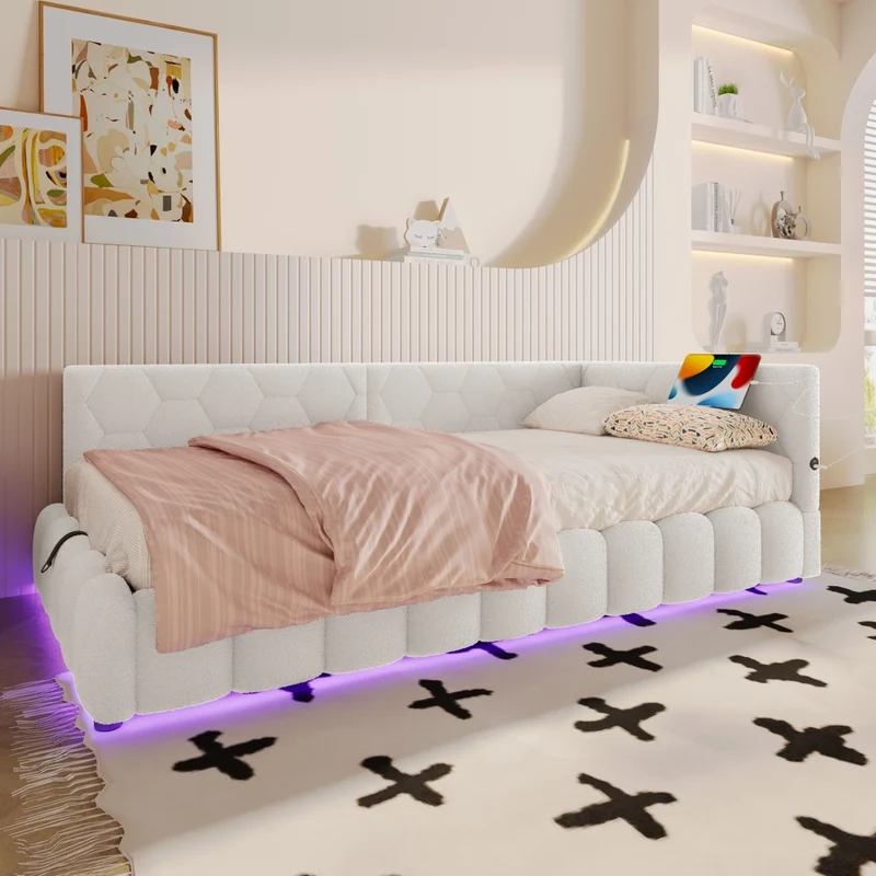Letto singolo 90x200 cm con rete a doghe; contenitore idraulico e luce LED; bianco