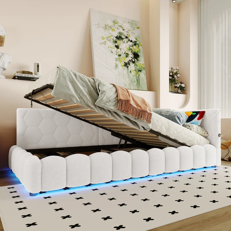 Letto singolo 90x200 cm con rete a doghe; contenitore idraulico e luce LED; bianco