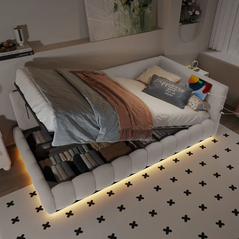 Letto singolo 90x200 cm con rete a doghe; contenitore idraulico e luce LED; bianco