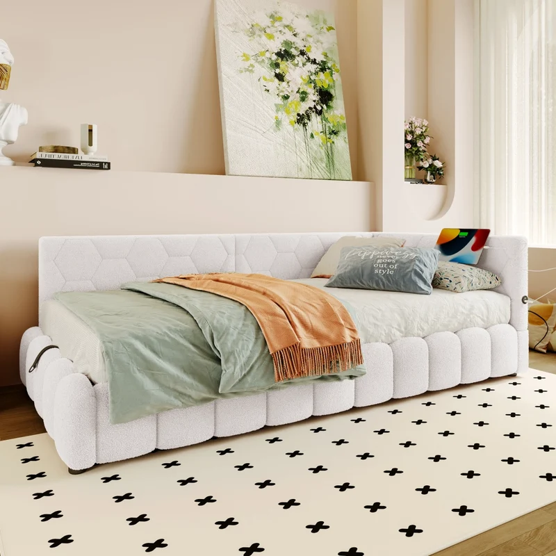 Letto singolo 90x200 cm con rete a doghe; contenitore idraulico e luce LED; bianco