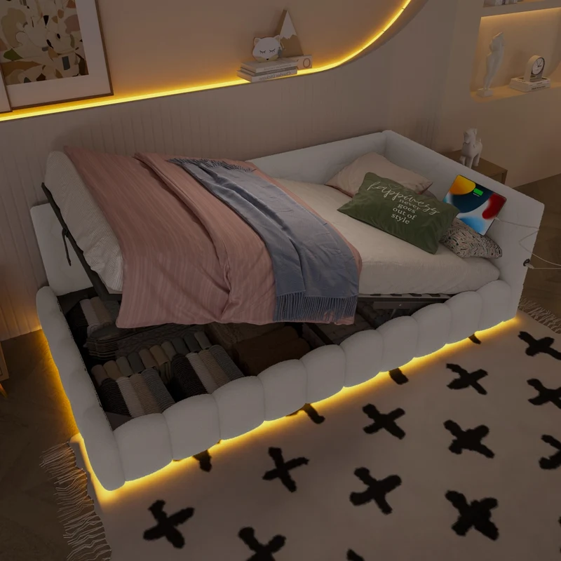 Letto singolo 90x200 cm con rete a doghe; contenitore idraulico e luce LED; bianco