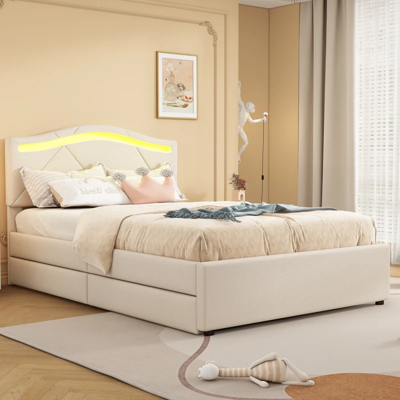 Letto singolo 90x200 cm imbottito beige con rete a doghe; luci LED e cassetti