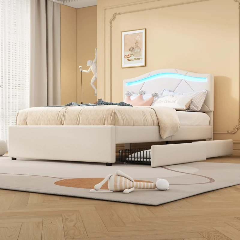 Letto singolo 90x200 cm imbottito beige con rete a doghe; luci LED e cassetti