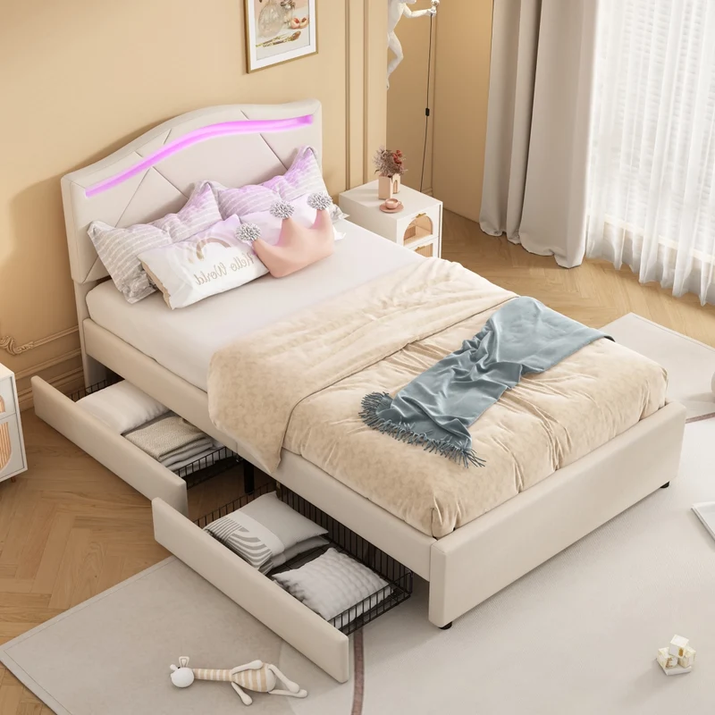 Letto singolo 90x200 cm imbottito beige con rete a doghe; luci LED e cassetti