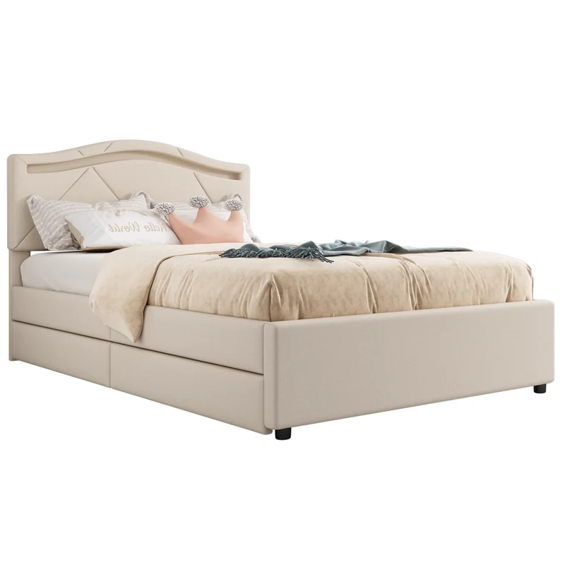 Letto singolo 90x200 cm imbottito beige con rete a doghe; luci LED e cassetti