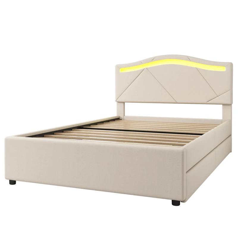 Letto singolo 90x200 cm imbottito beige con rete a doghe; luci LED e cassetti