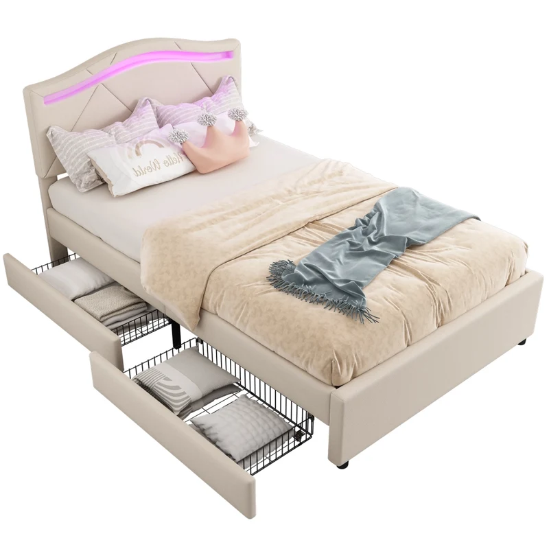 Letto singolo 90x200 cm imbottito beige con rete a doghe; luci LED e cassetti