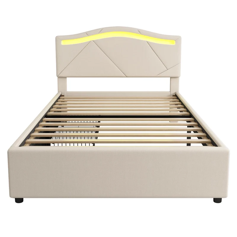 Letto singolo 90x200 cm imbottito beige con rete a doghe; luci LED e cassetti