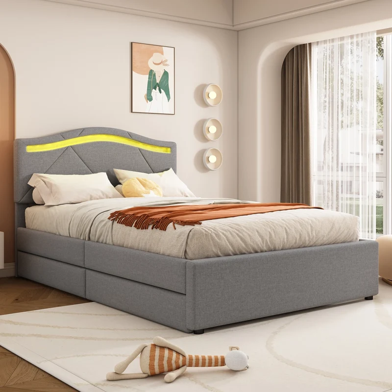 Letto imbottito 90x200 con rete a doghe e illuminazione LED; testiera regolabile; grigio