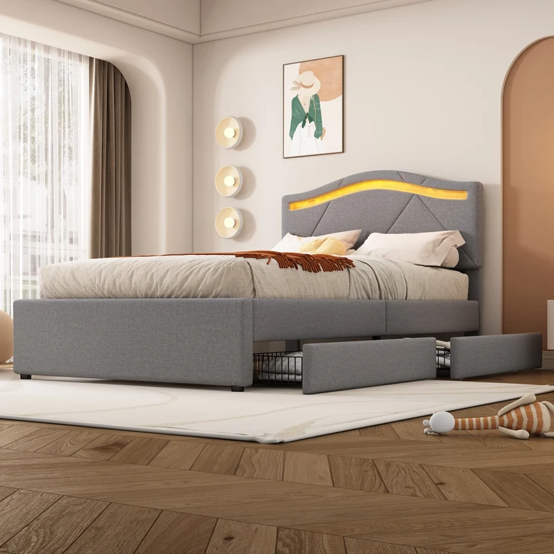Letto imbottito 90x200 con rete a doghe e illuminazione LED; testiera regolabile; grigio