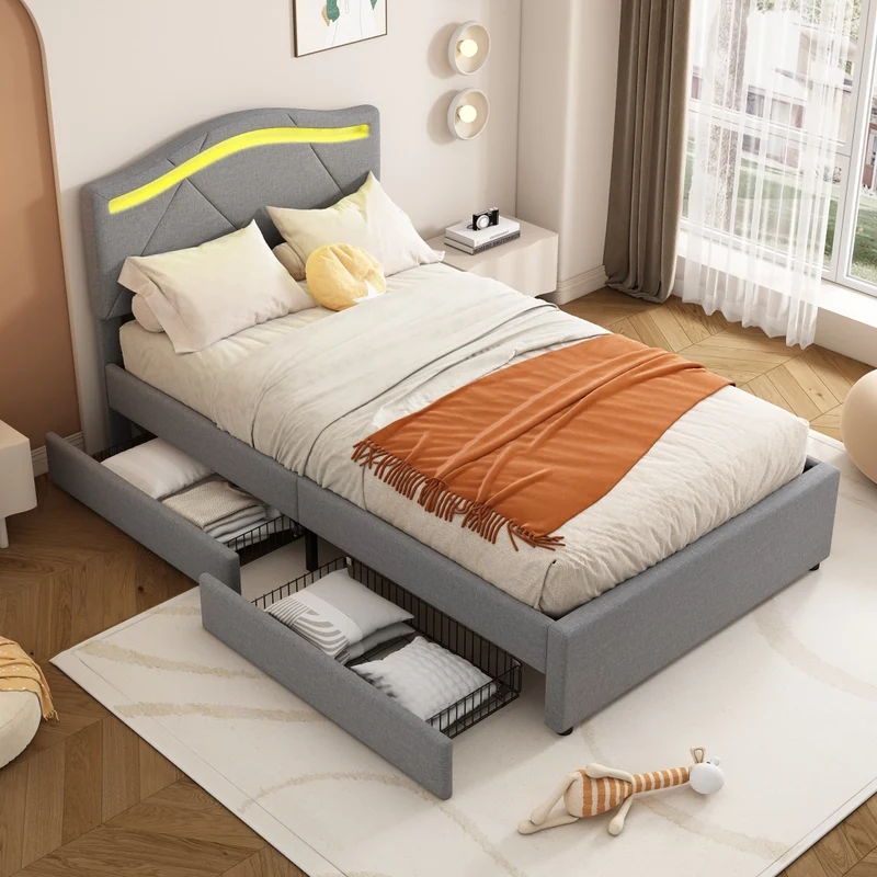 Letto imbottito 90x200 con rete a doghe e illuminazione LED; testiera regolabile; grigio