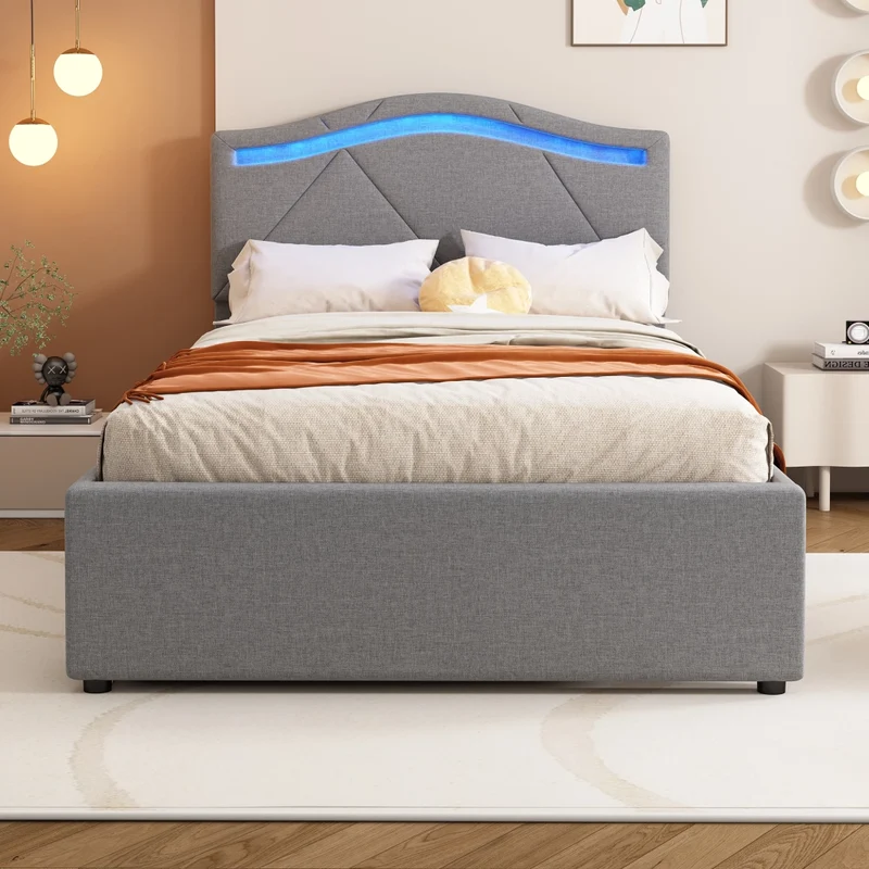Letto imbottito 90x200 con rete a doghe e illuminazione LED; testiera regolabile; grigio