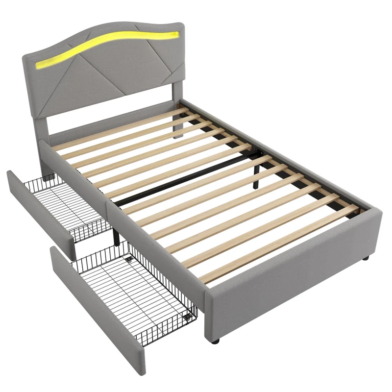 Letto imbottito 90x200 con rete a doghe e illuminazione LED; testiera regolabile; grigio