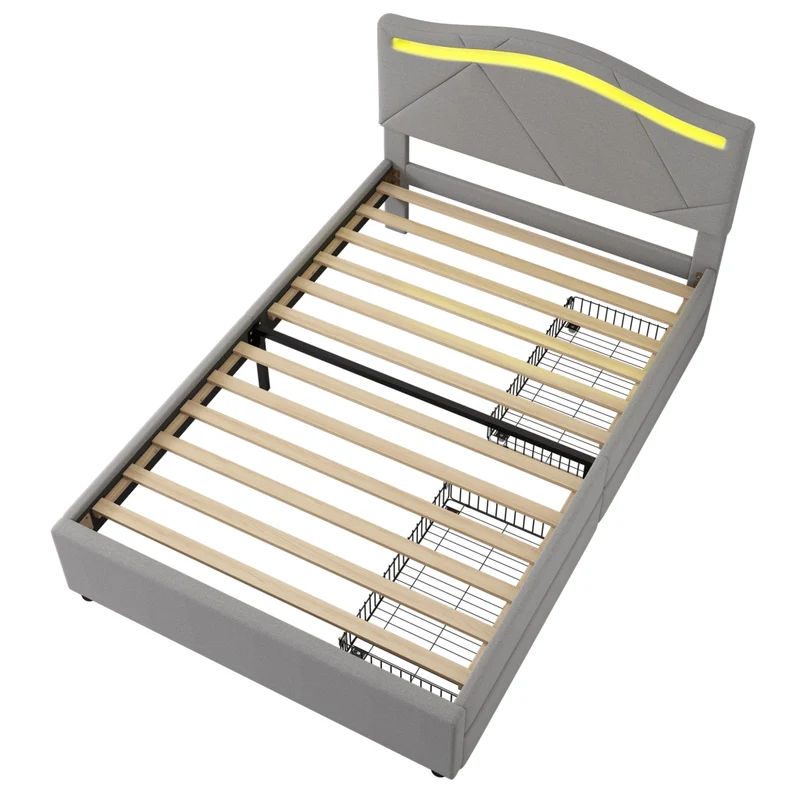 Letto imbottito 90x200 con rete a doghe e illuminazione LED; testiera regolabile; grigio
