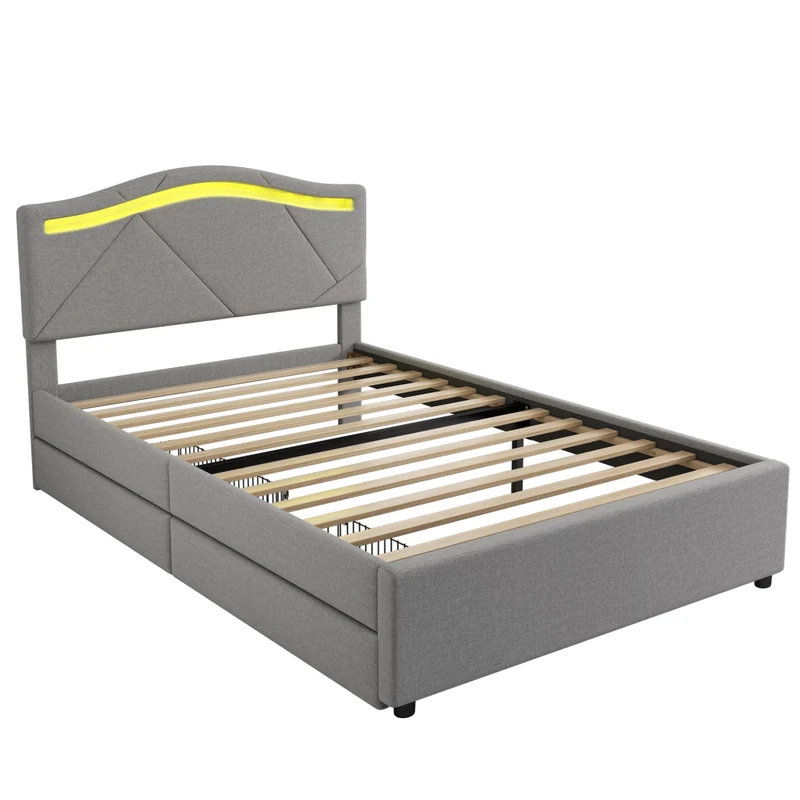 Letto imbottito 90x200 con rete a doghe e illuminazione LED; testiera regolabile; grigio