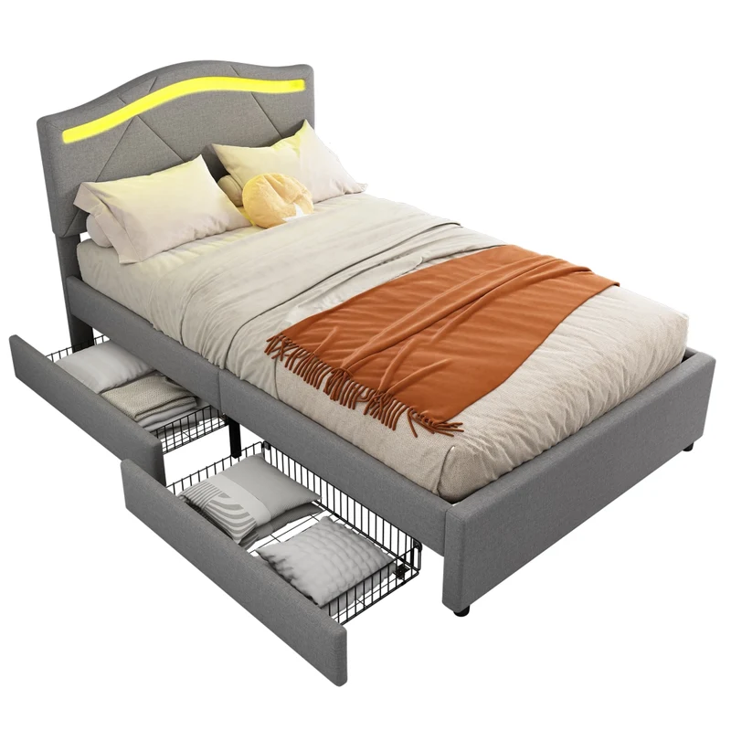 Letto imbottito 90x200 con rete a doghe e illuminazione LED; testiera regolabile; grigio