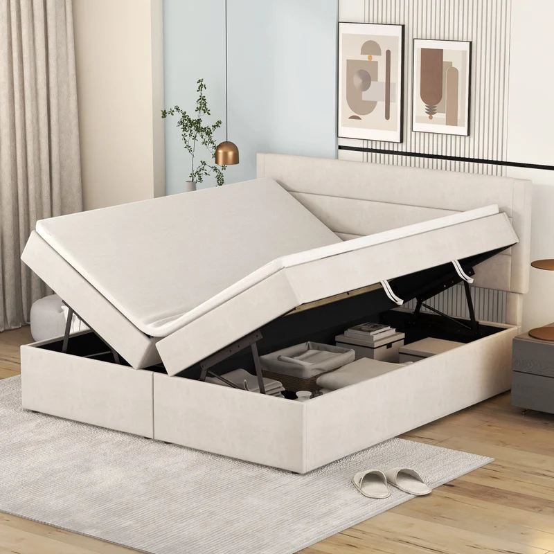 Letto matrimoniale 140x200 cm imbottito beige con contenitore e rete sollevabile