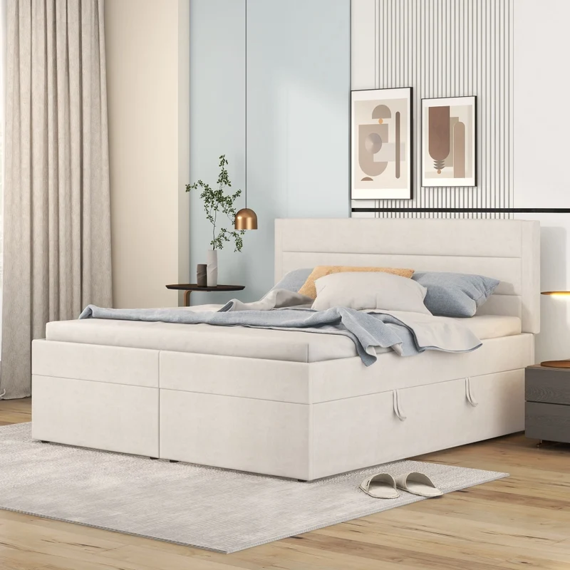Letto matrimoniale 140x200 cm imbottito beige con contenitore e rete sollevabile