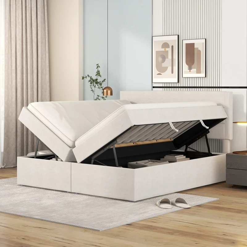 Letto matrimoniale 140x200 cm imbottito beige con contenitore e rete sollevabile