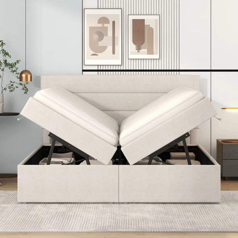 Letto matrimoniale 140x200 cm imbottito beige con contenitore e rete sollevabile