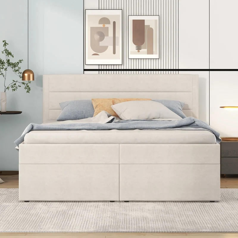 Letto matrimoniale 140x200 cm imbottito beige con contenitore e rete sollevabile