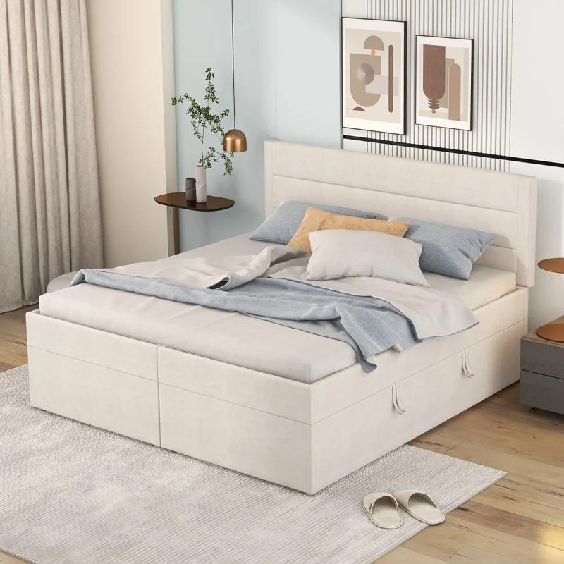 Letto matrimoniale 140x200 cm imbottito beige con contenitore e rete sollevabile
