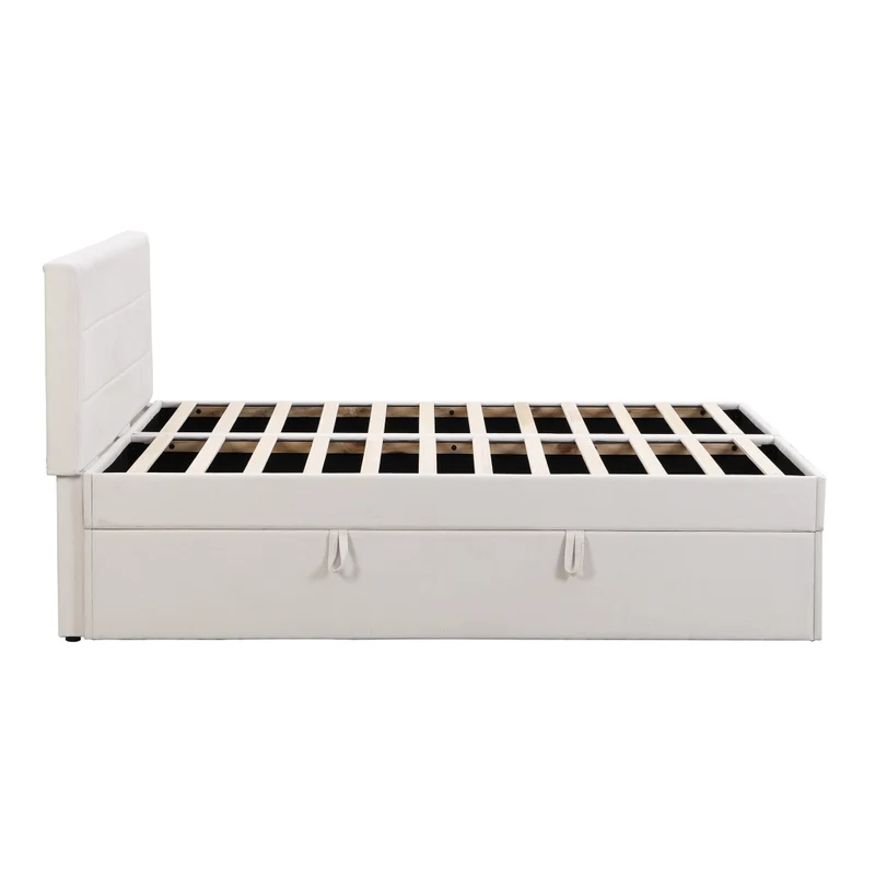 Letto matrimoniale 140x200 cm imbottito beige con contenitore e rete sollevabile