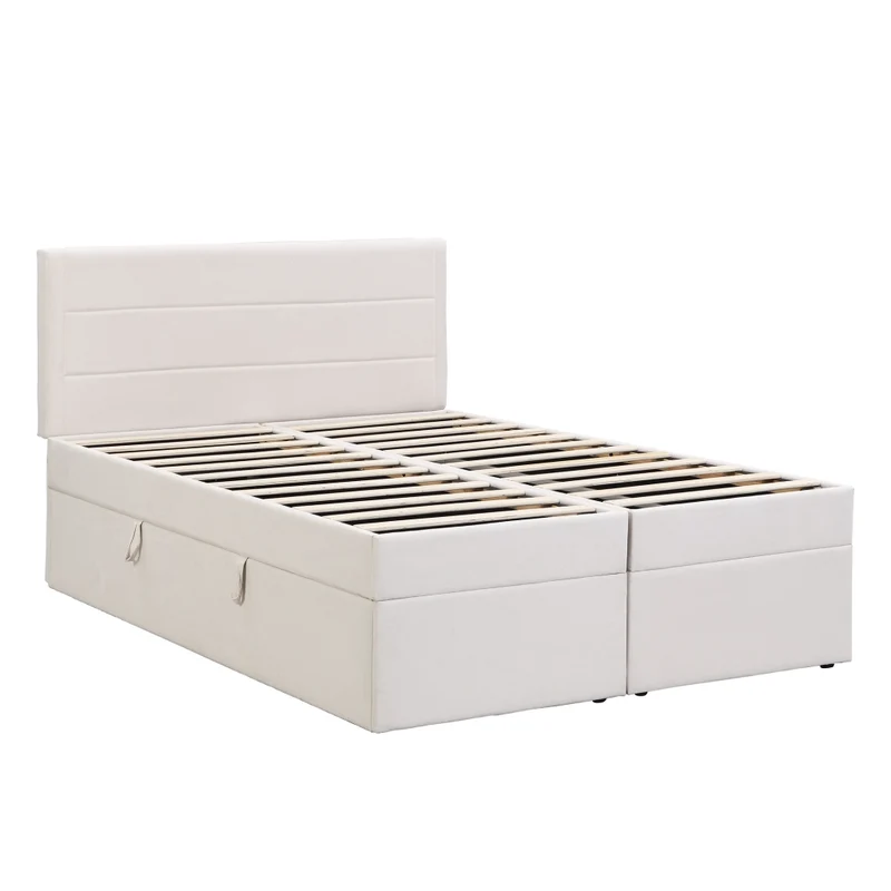 Letto matrimoniale 140x200 cm imbottito beige con contenitore e rete sollevabile