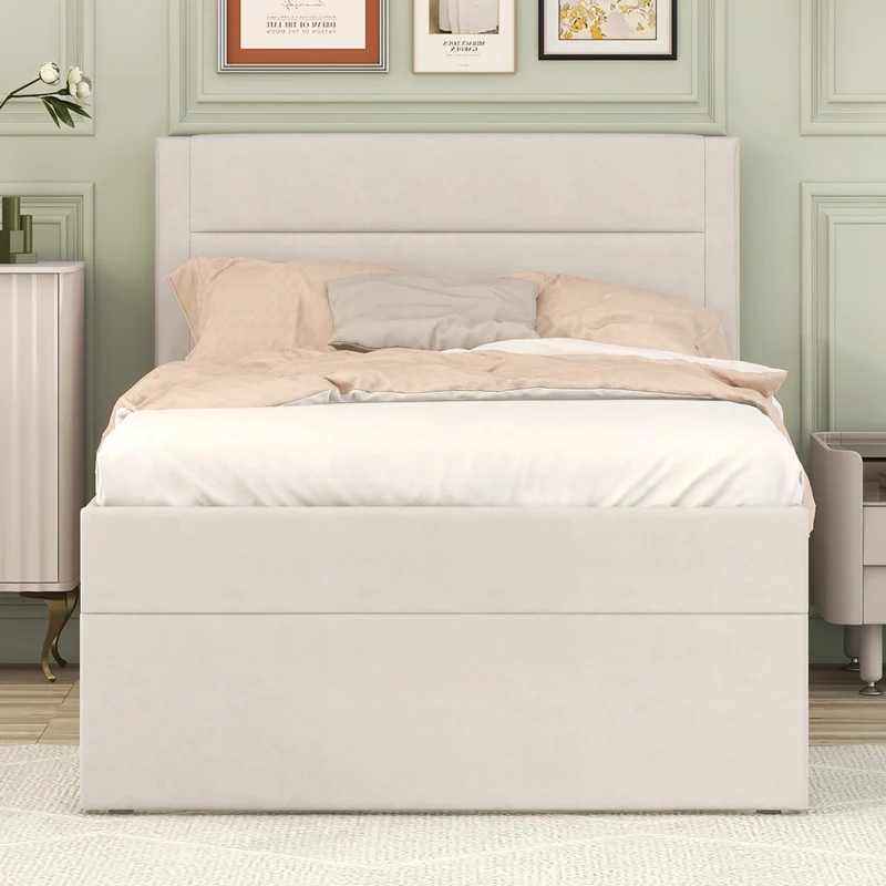Letto singolo imbottito 90x200 beige con contenitore sottoletto; rete a doghe e struttura in MDF