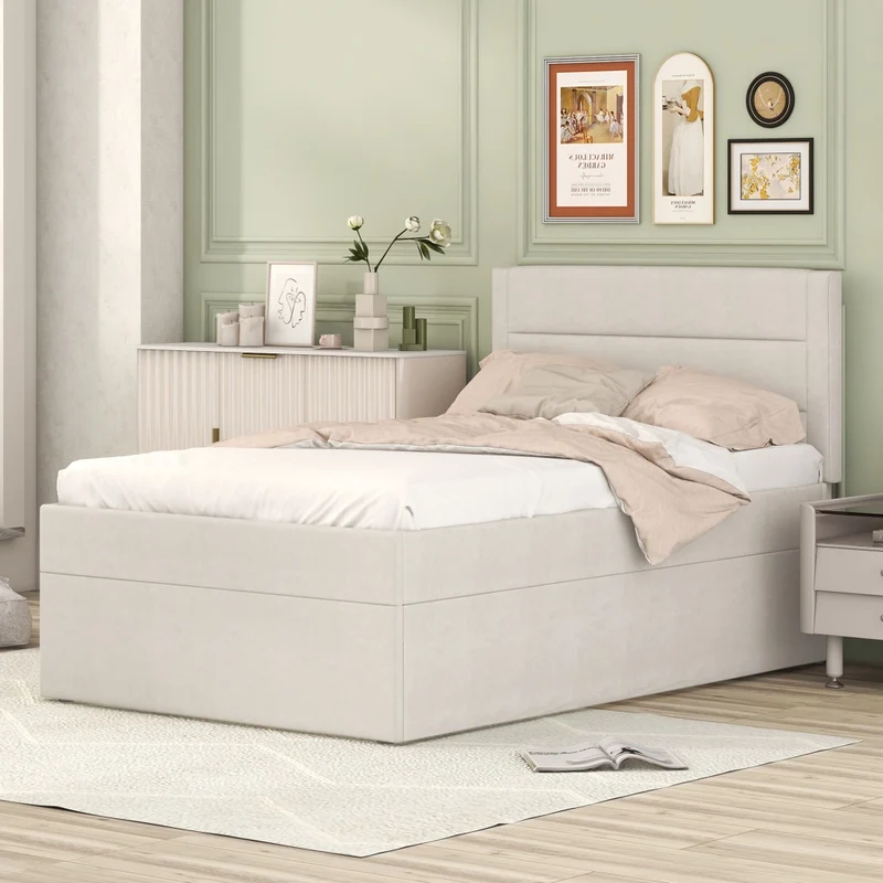 Letto singolo imbottito 90x200 beige con contenitore sottoletto; rete a doghe e struttura in MDF