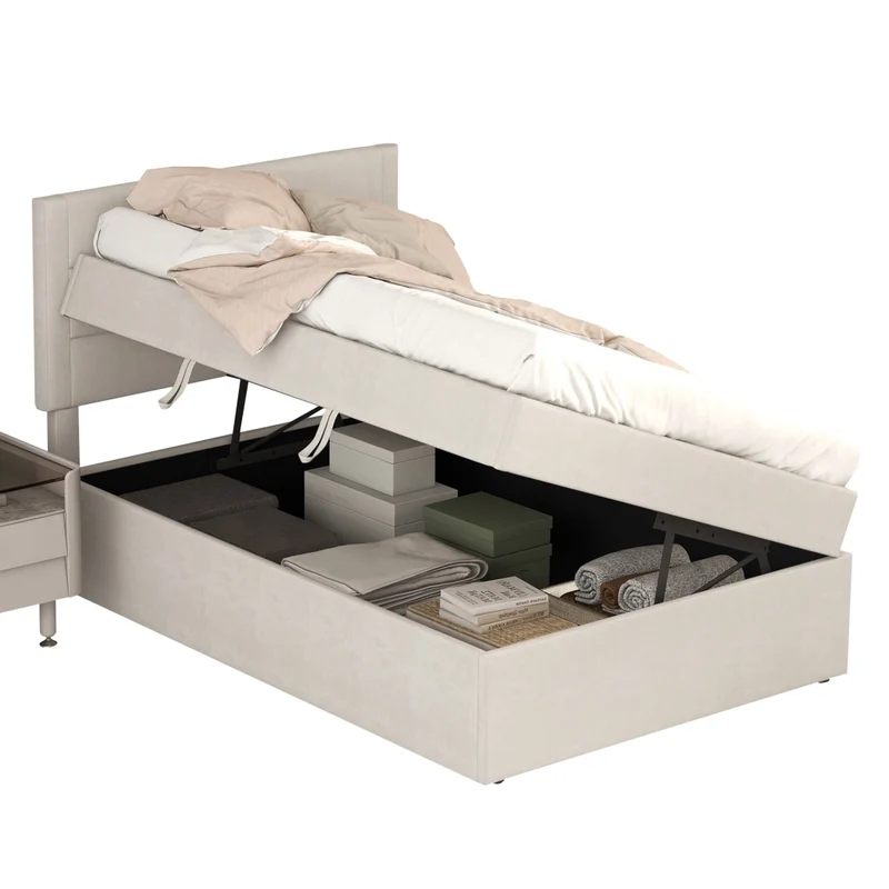 Letto singolo imbottito 90x200 beige con contenitore sottoletto; rete a doghe e struttura in MDF