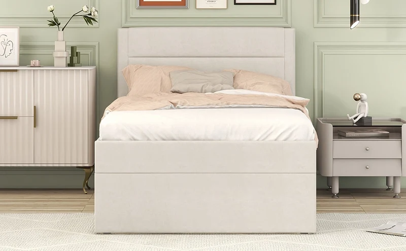 Letto singolo imbottito 90x200 beige con contenitore sottoletto; rete a doghe e struttura in MDF
