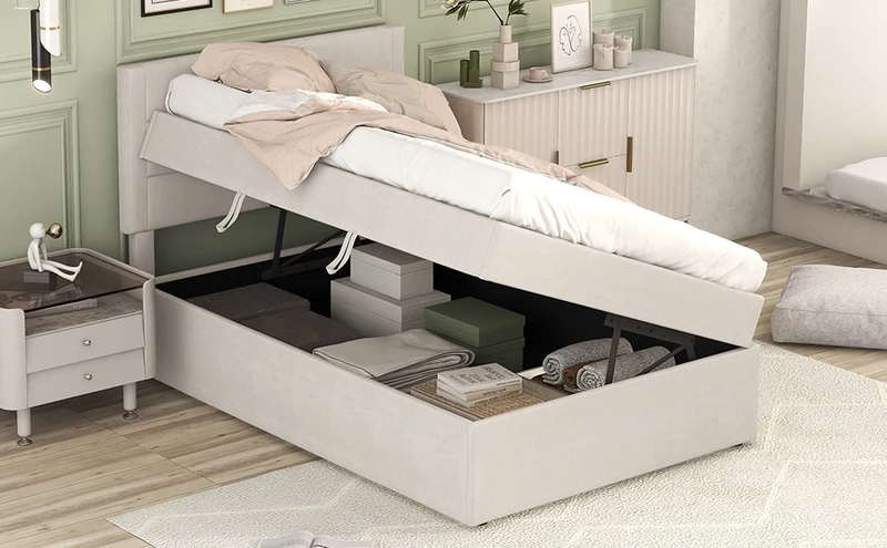 Letto singolo imbottito 90x200 beige con contenitore sottoletto; rete a doghe e struttura in MDF