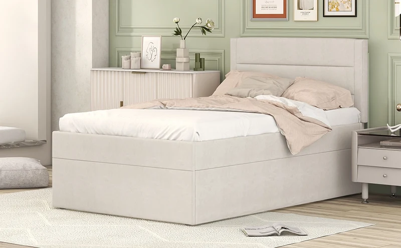 Letto singolo imbottito 90x200 beige con contenitore sottoletto; rete a doghe e struttura in MDF