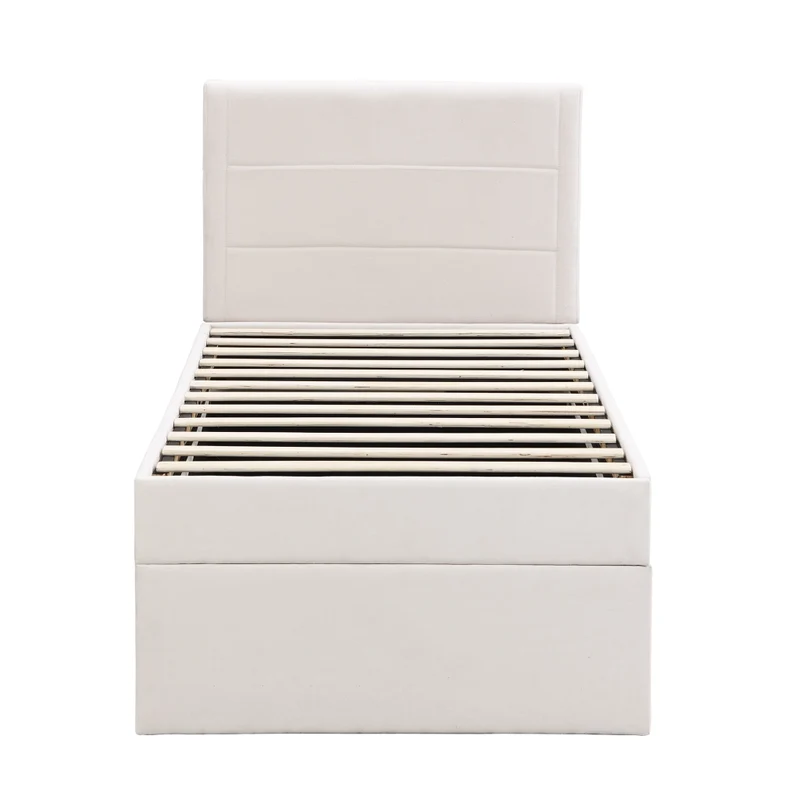 Letto singolo imbottito 90x200 beige con contenitore sottoletto; rete a doghe e struttura in MDF