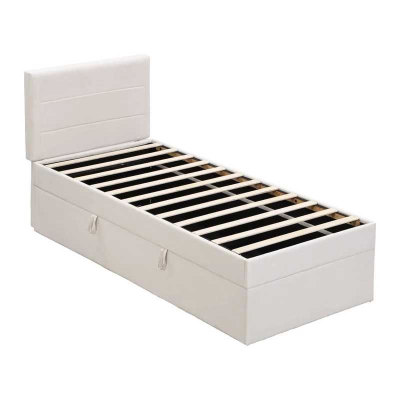 Letto singolo imbottito 90x200 beige con contenitore sottoletto; rete a doghe e struttura in MDF