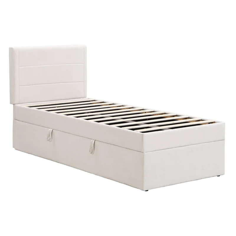 Letto singolo imbottito 90x200 beige con contenitore sottoletto; rete a doghe e struttura in MDF
